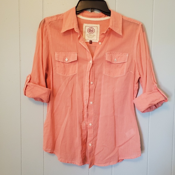 SO Tops - SO | Perfect Shirt Coral Lightweight Button Down Cuffed Sleeve Cotton Shirt - L